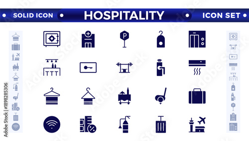 Set of solid icons related to the hospitality industry. Travel set. Summer vacations and holiday symbol vector illustration. traveling tourism elements. 
