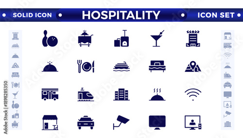 Set of solid icons related to the hospitality industry. Travel set. Summer vacations and holiday symbol vector illustration. traveling tourism elements. 
