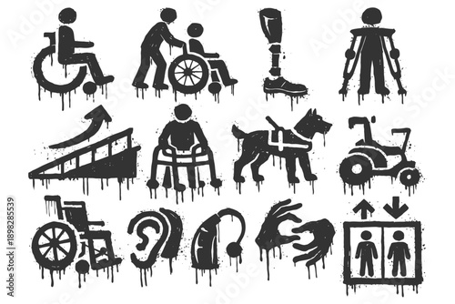Black and white disability symbols: inclusivity, accessibility and assistance icons.