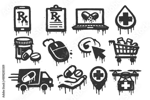 Medical icons: technology and healthcare themes in black drip style.