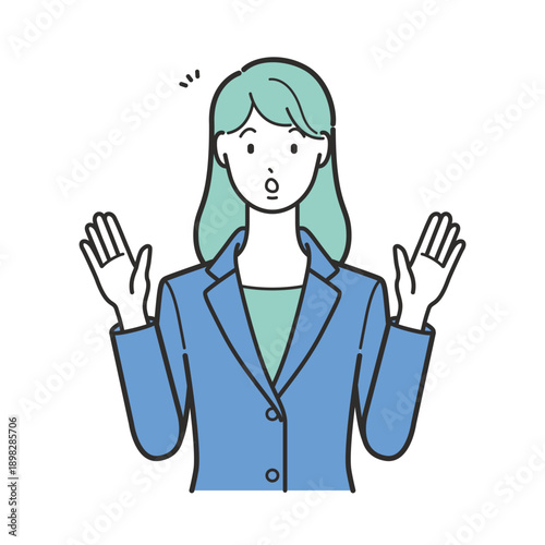 おどろいた表情の正面を向いたスーツの女性