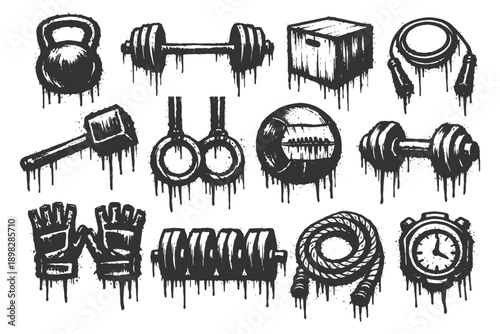 Grunge fitness equipment icons: kettlebell, dumbbells, ropes, and more.