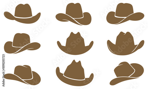 Brown cowboy hat silhouette set, western style headwear vector icons