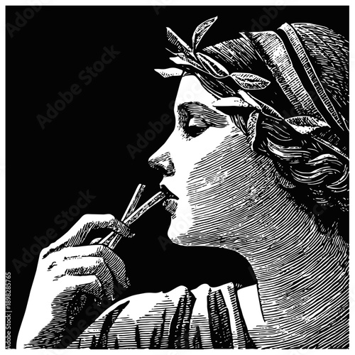 Ancient Greek woman eats two potato fries, portrait on black background with copy space, vintage engraving sketch style vector illustration  