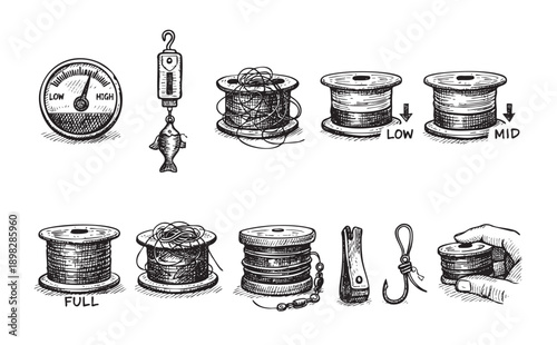 A collection of vintage style hand-drawn fishing tackle elements. Includes scales, hooks, bobbins. Isolated on white background. For fishing, hobby themes.