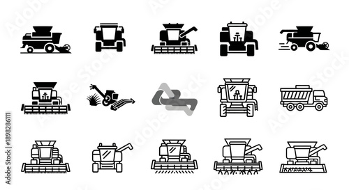 A collection of black and white icons depicting various agricultural machinery, including combine harvesters, tractors, and farm trucks, used for harvesting and farming operations.