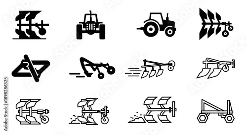 Collection of black and white icons depicting various agricultural machinery, including different types of plows and tractors, used for farming and soil cultivation.