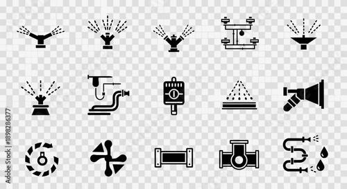 A collection of black silhouette icons depicting various irrigation systems, water sprinklers, pipes, and plumbing components on a transparent background.