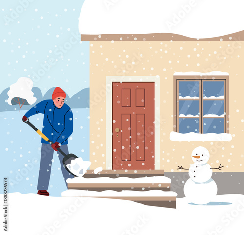 Man Shoveling Snow Near House During Heavy Winter Snowfall. Vector cartoon flat style illustration