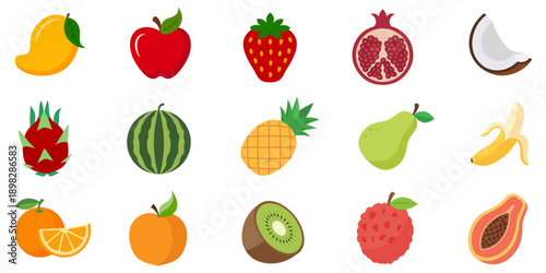 Colorful fruit Icon set, flat tropical and organic fruits for web and ui