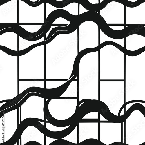 Abstract pattern background combining thick black wave lines arranged in grid-like flow, white background, bold contemporary design.