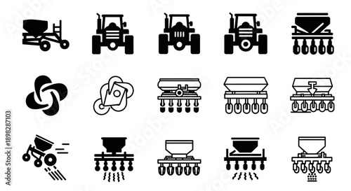A collection of black and white vector icons depicting various agricultural machinery, including tractors and seed or fertilizer spreaders, illustrating farming equipment.