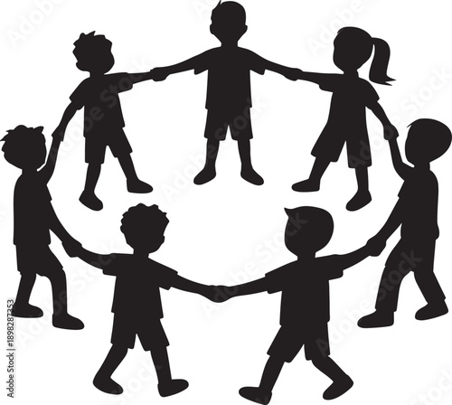 Children Enjoying Playfull Holding Hands in Circle Silhouette Teamwork Friendship Unity Kids Group Vector Illustration