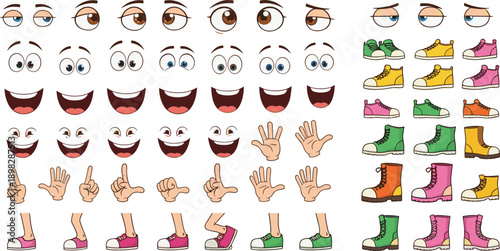 Cartoon Face Expressions and Body Parts Vector Illustration Set with Eyes, Mouths, Hands, Legs, and Colorful Shoes for Character Creation and Animation
