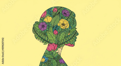 Floral Woman Profile with Colorful Flowers and Leaves on Yellow Background