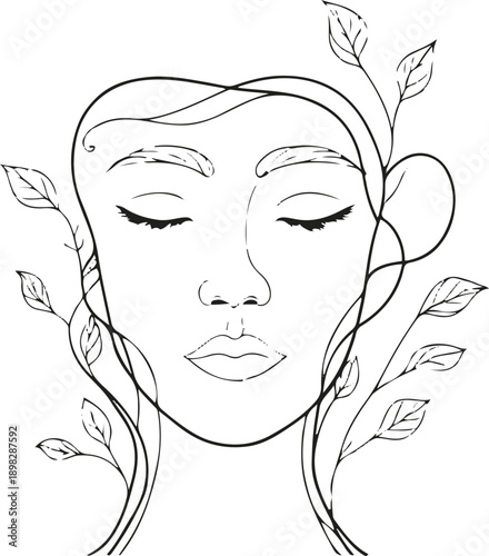 Soft minimal line art background of abstract face outline dissolving into flowing lines and leaves, representing mental clarity and calm, black ink on white, gentle curves, spacious composition 3