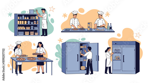 Team of bakers and chefs working in a professional kitchen preparing dough and baking several fresh tasty pizzas.