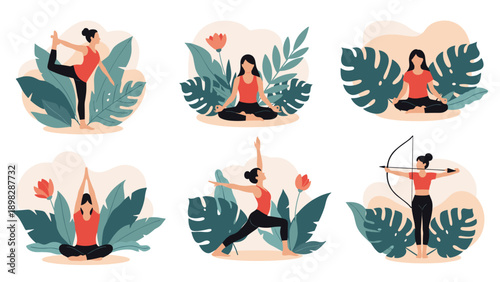 Diverse collection of women practicing different yoga poses and meditation techniques surrounded by tropical forest leaves.