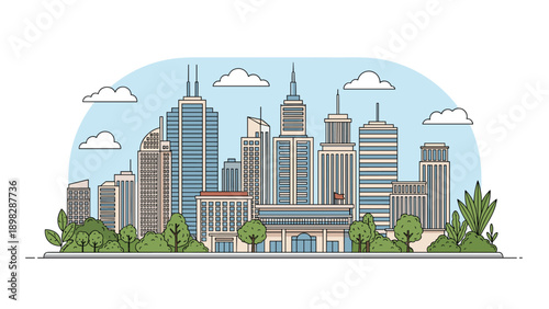 Modern city skyline with various high rise office buildings and skyscrapers under a blue sky with soft white clouds.