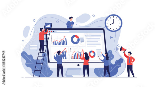 Creative team working together to analyze business performance data and charts on a giant computer monitor screen.