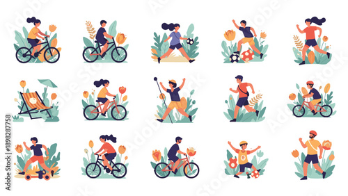 Grid of colorful icons depicting people enjoying various outdoor physical activities and sports in a natural park setting.
