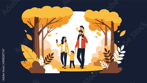 Happy family walking together through a beautiful autumn forest with golden trees and falling leaves on a sunny day.