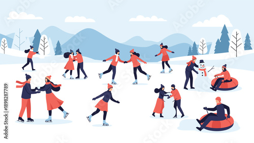 Large group of happy people enjoying various outdoor winter sports and activities in a beautiful snowy mountain park.