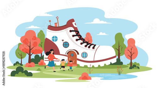 Mother and children running happily in a park with a giant whimsical white sneaker house and a small pond.
