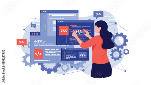 Female web developer working on website design using html and css code with floating windows and gear elements.