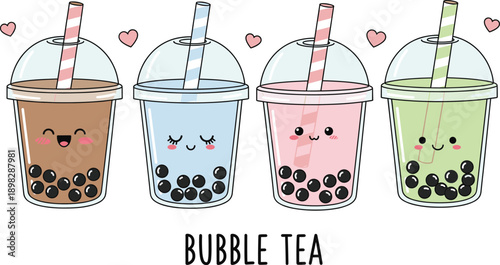Cute Kawaii Bubble Tea Cups Illustration