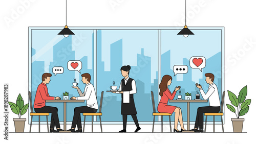 Couples enjoying coffee and conversation in a city cafe while a waitress serves a customer in a modern interior.