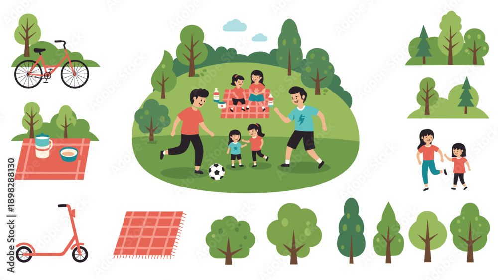 Fototapeta premium Collection of flat vector icons and characters for park recreation, including children playing, family gathering, and sports equipment.