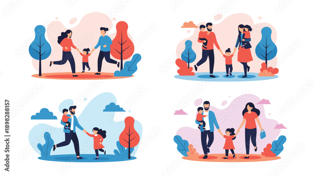 Fototapeta premium Collection of flat vector illustrations featuring parents and their kids enjoying quality time, bonding, and exploring nature outdoors.