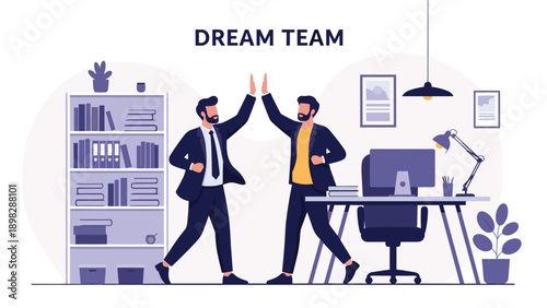 Two professional businessmen in suits giving a high five in a modern office labeled with dream team text.