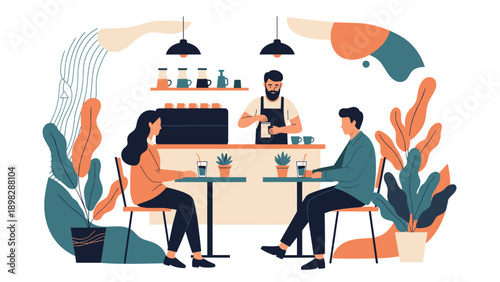 Young couple having a conversation in a modern cafe while the barista prepares drinks behind the counter.