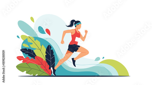 Determined female athlete running a marathon through a colorful abstract background representing speed and energy.
