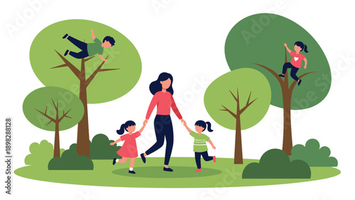 Flat vector illustration of a happy mother with her three young children enjoying a day out in the woods surrounded by leafy trees.