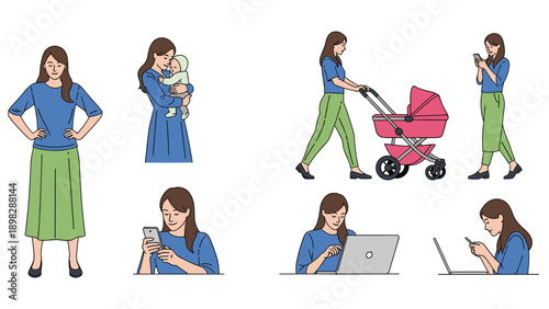 Flat vector character design collection featuring a mother multitasking with her child and using modern technology for work and leisure.