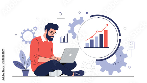 Flat vector illustration of a creative freelancer or entrepreneur analyzing data and financial graphs during a productive work session.