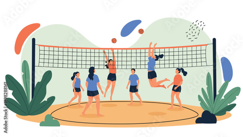 Flat vector illustration of friends participating in a fun and active volleyball match outdoors under a bright blue and green sky.