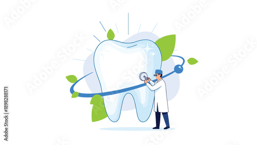 Concept flat vector illustration for dental care and oral hygiene featuring a medical doctor inspecting health of a large molar.