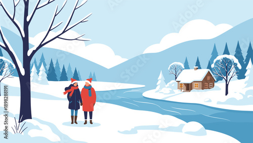 Flat vector illustration of a scenic winter holiday destination featuring a quiet landscape, snow-covered hills, and pine forests.