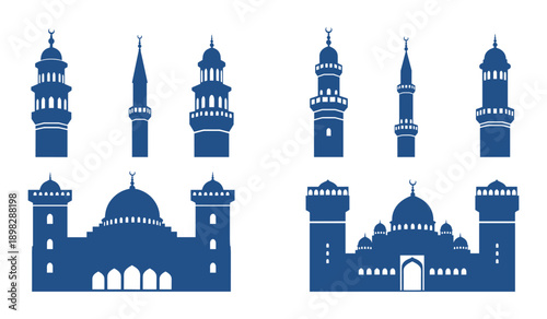 Blue silhouette icons of mosque minarets and mosque buildings with domes and crescent moons islam religion