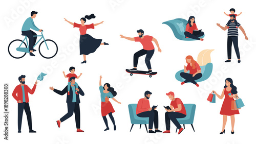 Collection of various people engaging in diverse everyday activities such as cycling, dancing, reading, and shopping.