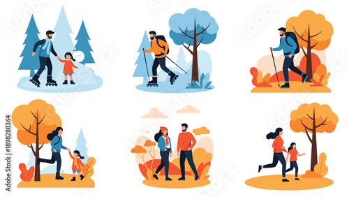 People enjoying various outdoor activities like hiking and rollerblading across different seasons and landscapes.