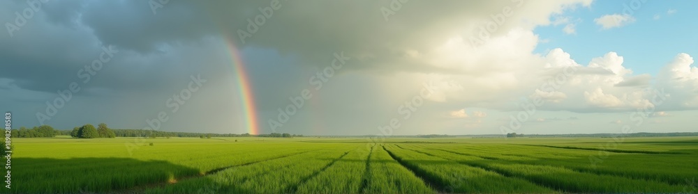 Fototapeta premium Rainbow in the sky over a field of green grass