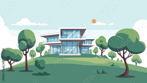 Modern luxury villa with large glass windows and contemporary architecture located on a green hillside with trees.