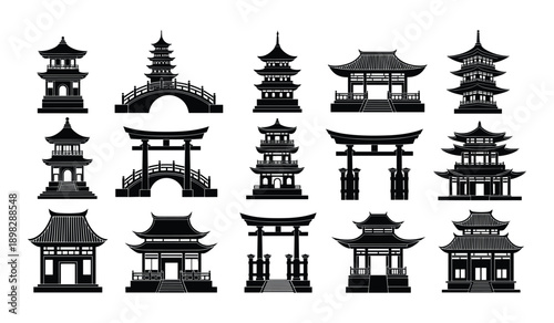 Collection of Japanese Architectural Silhouettes Including Pagodas Torii Gates and Bridges architecture