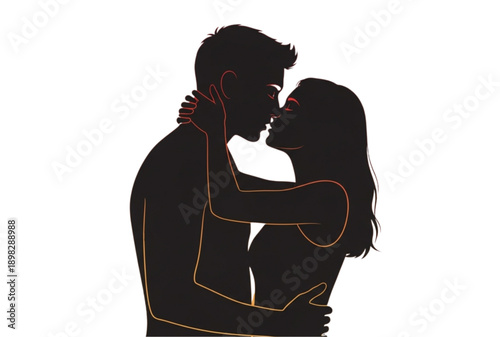 Vector silhouette of a romantic couple kissing, outlined in orange, for illustration or icon use, Isolated on transparent background, png