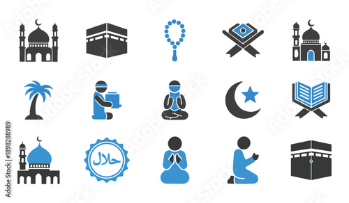 Islamic cultural symbols and icons including mosques Kaaba prayer beads Quran and people praying Mecca